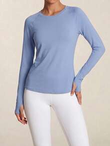 SHEIN BAE Women Round Neck Raglan Sleeve Casual Sports T-Shirt, Fall Fashion - Dusty Blue - View 3