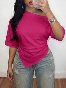 Slaydiva 2026 Spring/Summer Women's Plus Size Solid Color Asymmetrical T-Shirt - Hot Pink - View 6