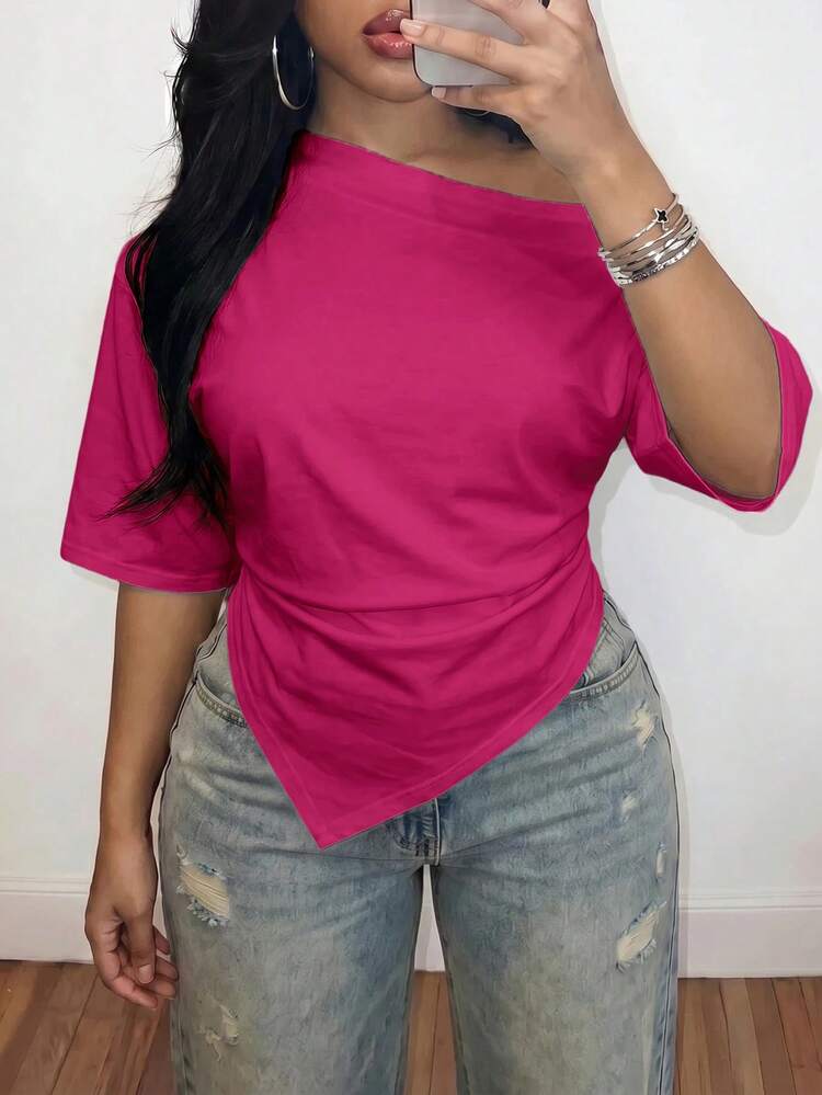 Slaydiva 2026 Spring/Summer Women's Plus Size Solid Color Asymmetrical T-Shirt - Hot Pink - View 6