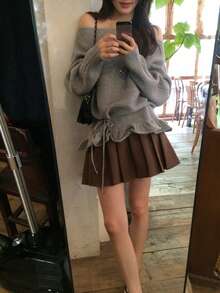 DAZY Women's Korean Style Asymmetrical Shoulder Ruffle Trim Long Sleeve Sweater Fall - Grey - View 7