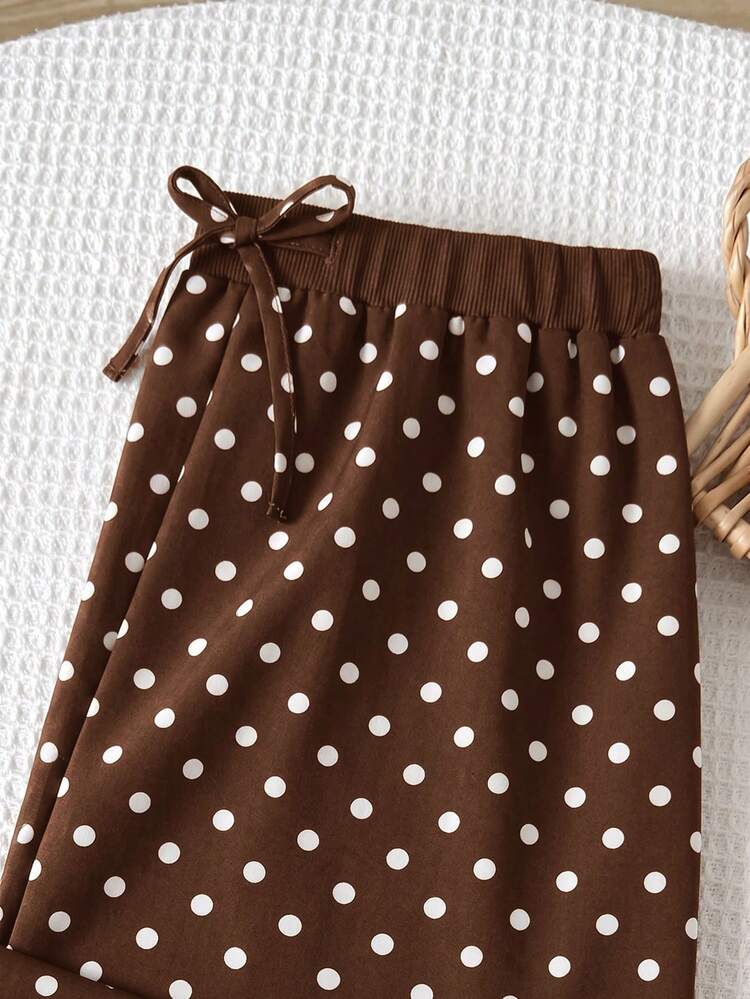 SHEIN Celana Panjang Remaja Perempuan Gaya Vintage Prancis, Pas Badan, Kasual, Minimalis, Nyaman, Motif Polkadot Hitam Putih, Pinggang Bergaris Putih, Potongan Lurus, Pinggang Tengah, Serbaguna - Coffee Brown - View 3