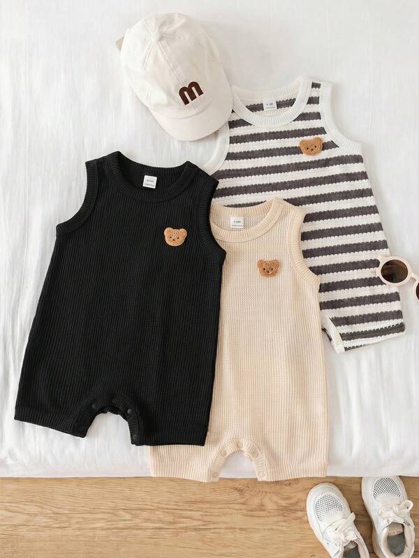 SHEIN Set de 3 piezas Unisex para bebé recién nacido niño/niña, conjunto informal de pelele sin mangas y pantalones cortos de estilo waffle, conjunto de ropa para bebé, pelele para bebé