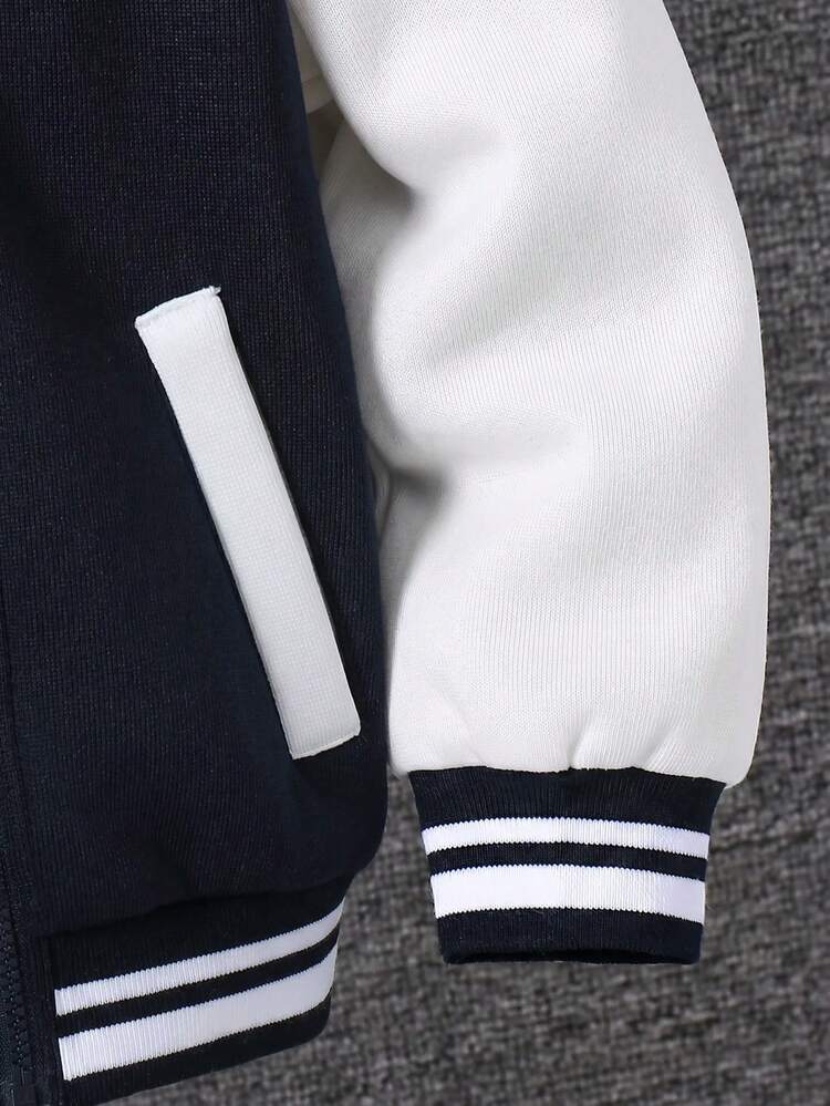 SHEIN Young Boy Casual Versatile Patchwork Colorblock Thick Hooded Jacket, Suitable For Campus Style, Garden Style, Birthday, Autumn/Winter, Halloween, Vintage Style, Young Boys Zip-Up Hoodie, Cute Hoodie, Winter Top, Winter - Multicolor - View 5