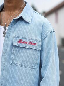 STEELVANCE Men's Streetwear Casual Embroidered Vertical Striped Blue Cargo Denim Shirt - Light Wash - View 8