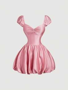 SHEIN MOD 女款純色百褶心形領口鬱金香下擺迷你洋裝 - 粉色 - 查看 4