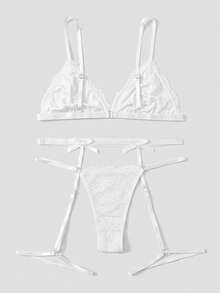 Elorette 女款蕾絲內衣套裝（無鋼圈內衣 + 丁字褲 + 附腿帶吊襪帶，3件套） - 白色 - 查看 9