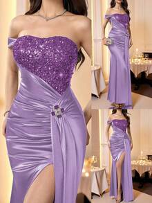 Coutiva Women's Solid Color Patchwork Sequin One Shoulder Ruched Side Slit Hem Elegant Formal Evening Gown - Mauve Purple - View 7