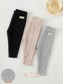 SHEIN 女嬰可愛休閒百搭簡約純色鬆緊腰長褲三件套 - 杏色 - 查看 2