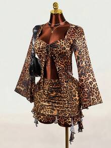 BamGleam Top sexy Y2K pour femme, taille cintrée contrastée, imprimé léopard rétro, manches longues évasées et côtés transparents - Tabac - Voir 3