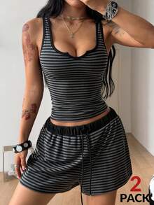 Coolane 2 Stücke Damen Lässig & Romantisch Gestreiftes Crop Top und Shorts Set - Verschiedenfarbig - Übersicht 4