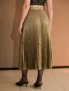 MOTF PREMIUM PLUS FASHIONABLE BRIGHT METALLIC GOLD PLEATED MID-LENGTH SKIRT FOR WOMEN FALL - Gold - View 4