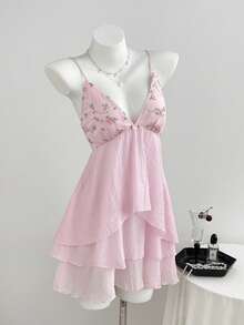 Elamini Summer Casual Cute Vacation Women's Pink Floral Mesh Embroidered Patchwork Rose 3D Flower Decor Backless Spaghetti Strap Puff Multi-Layer Sweet Dress - Pink - View 3