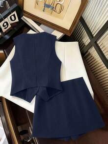Franclia Women's Solid Color Elegant Office Commute Suit Set - Navy Blue - View 2