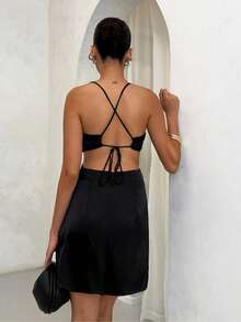 SHEIN BAE Vestido halter con diseño fruncido de espalda abierta de satén - Negro - Ver 2