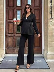 SHEIN Maternity Casual Commute Solid Color Jacket And Pants Suit 2 Pieces Set Fall - Black - View 7