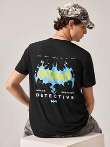 Strevion Men's Minimalist Batman Logo Print Round Neck Short Sleeve T-Shirt, Summer - Black - View 3