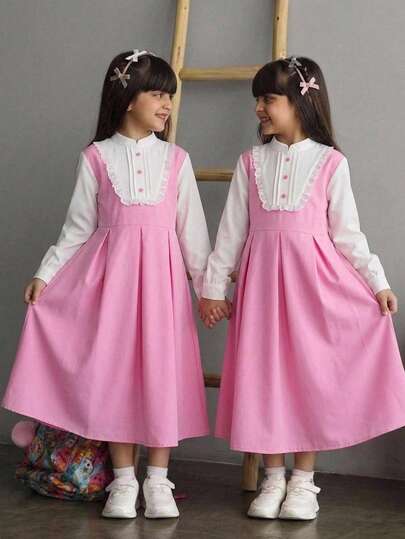 Đầm tay dài phối màu patchwork cho bé gái tuổi tween