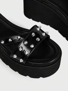 Sugerpunk Women's Fashion, Sexy And Comfortable Thick-Soled Wedge Sandals, Punk Style, Gothic Street Style, Rivets Inlaid With Slip-On Muffin Thick-Soled - Black - View 3