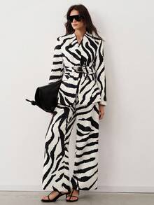 Aveloria Modichic Women's Zebra Print Large Gold Buckle Wide Belt Long Sleeve Blazer Loose Zebra Print Suit Pants Suit Set - White - View 6
