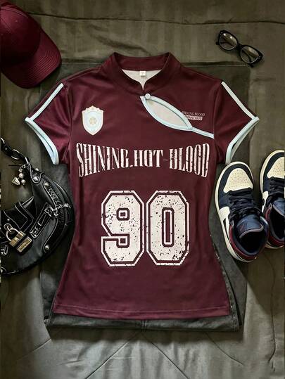 Jade & Ember Women's Summer Burgundy Color-Blocked Slim-Fit Cheongsam Top, Sporty Style, Exotic Flair. Blending Athletic Flair With Exotic Charm, This Piece Is Perfect For Daily Commutes, Casual Gatherings, Or Returning To School-Allowing You To Showcase Your Unique Personalized.