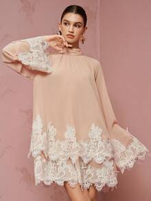 BELROSIE French Sweet Gentle Style Water-Soluble Lace Trim Patchwork Asymmetrical Hem Loose Pullover Cape-Style Elegant Long Sleeve Short Dress - Apricot - View 2