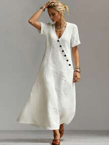 Ceyna New Plus Size Women's Summer Casual Boho Casual Formal Pure Cotton V-Neck Asymmetric Hem Short Sleeve Loose Long Dress Vacation White Vacation Formal - White - View 3