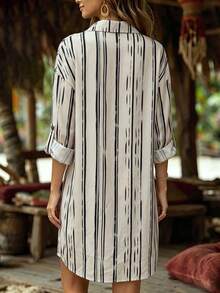 SHEIN LUNE Women's New Autumn Beige Base Asymmetrical Black Vertical Striped Shirt, Turn-Down Collar, Button-Up, Roll-Up Sleeves, Loose Long Over-The-Knee Shirt Dress - Multicolor - View 2