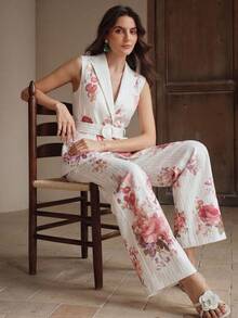 Anewsta Elegant Urban Chic Vintage Floral & Striped Print Lapel Sleeveless Vest With Belt + High-Waisted Draping Long Suit Pants, Women's Suit Set - Multicolor - View 9