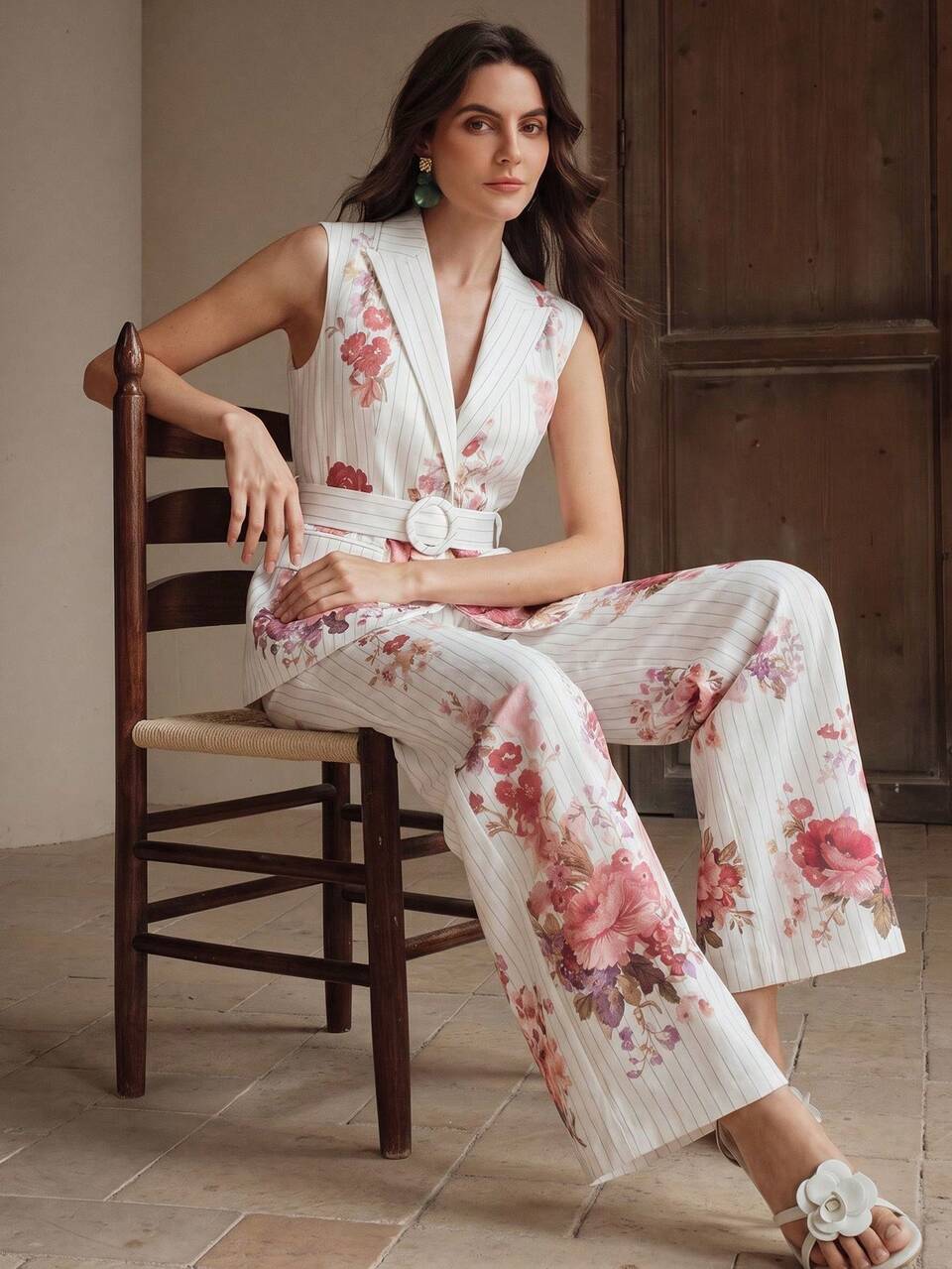 Anewsta Elegante conjunto de mujer de estilo urbano chic, con chaleco sin mangas con estampado floral y de rayas en el cuello, con cinturón + pantalones largos de cintura alta con drapeado