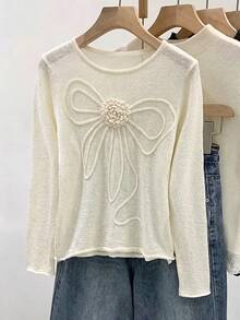 Flirla Sweater Pullover Kasual Leher Bulat Ukuran Besar untuk Wanita, Cocok untuk Pakaian Sehari-hari di Musim Dingin. - Putih - View 6
