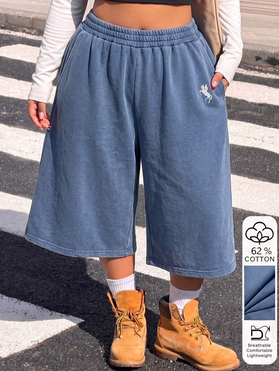Muchica Plus Size Women's Equestrian Pattern Drawstring Waist Loose Casual Casual Formal Smart Casual Mid-Length Pants Beach Light Blue Summer - Blue - View 1