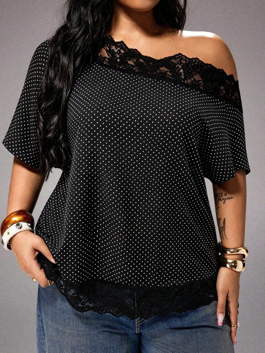 Rustia Plus Size Spring/Summer Contrast Lace Asymmetrical Shoulder Blouse - Black - View 1