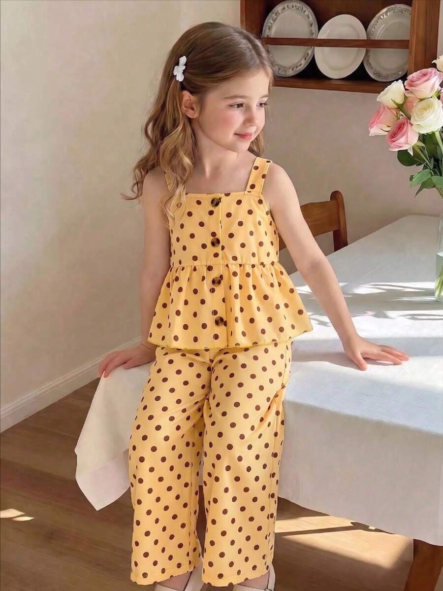SHEIN 歐美風少女夏季波點印花細肩帶上衣 + 寬腿長褲 2件套,柔軟面料,甜美可愛,適合戶外玩耍穿搭 - 黃色 - 查看 1