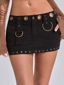 ACID BLVD Summer Y2K Grunge Metal Eyelet Design Straight Mini Denim Skirt - Black - View 6