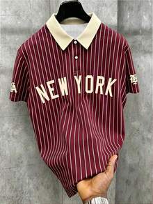 Manfinity EMRG Men's Casual Striped Letter Print Polo Shirt, Short Sleeve, Summer Back-To-School Graduation Burgundy - Multicolor - View 4