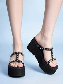 Sugerpunk Damen Sexy Mode Keilabsatz Plateau Sandalen Punk Goth Dunkel Cut Out Nieten Babes Nachtclub Party Damenschuhe - Schwarz - Übersicht 4