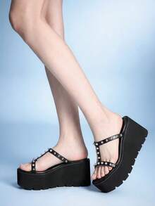 Sugerpunk Damen Sexy Mode Keilabsatz Plateau Sandalen Punk Goth Dunkel Cut Out Nieten Babes Nachtclub Party Damenschuhe - Schwarz - Übersicht 6