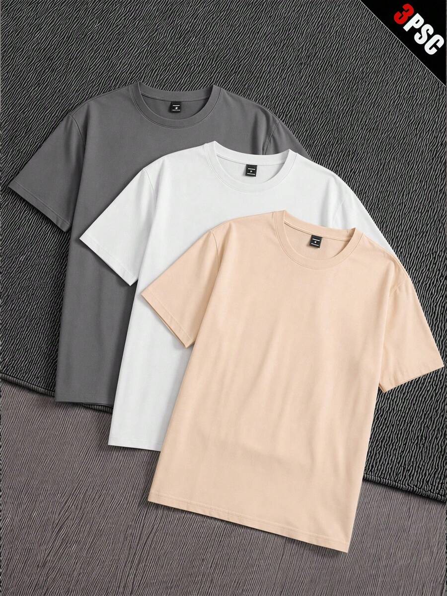 Manfinity VCAY Men's Solid Color Minimalist Crew Neck Casual Short Sleeve T-Shirts 3-Pack - Multicolor - View 1