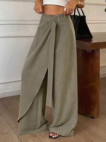 DAZY Solid Color Loose Tie-Up Elegant Street Casual Vacation Spring Autumn Wide Leg Pants Women Long Brunch Office Olive Green - Green - View 1