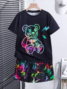 SHEIN 2pcs/Set Young Boy Casual Cartoon Bear Pattern Round Neck Short Sleeve Shorts Set, Suitable For Summer - Multicolor - View 4