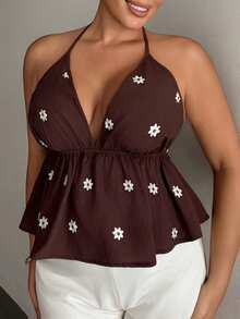 Dazy Plus Summer Vacation Style Floral Embroidered All-Over Print Spaghetti Strap Camisole Minimalist Sexy Casual Early Autumn Tank Top Going Out Tops - Brown - View 3