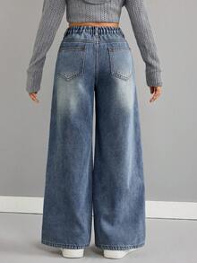 SHEIN Tween Girl Casual Versatile Kids Daily Wear Denim Jeans With Pockets And Buttons Autumn Winter - Medium Wash - View 2