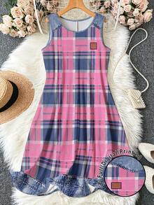 EMERY ROSE Plus Size Women Denim Effect Plaid Print Round Neck Dress Fall - Multicolor - View 1