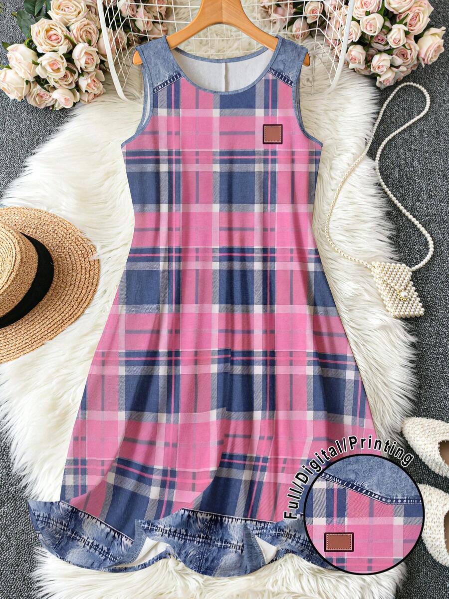 EMERY ROSE Plus Size Women Denim Effect Plaid Print Round Neck Dress Fall - Multicolor - View 1