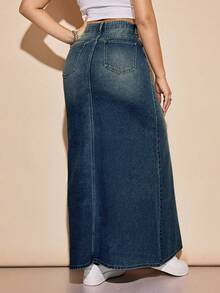 SHEIN EZwear 時尚百搭鈕扣口袋A字牛仔裙 - 霧霾藍 - 查看 2