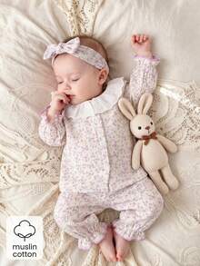 SHEIN Baby Girls Fall Autumn/Winter Pajamas-2 Pieces Floral Ruffle Collar Pajama Set Pink Pastel Long Sleeve Round Neck Button Front Pants Two Pieces Cozy - Purple - View 10