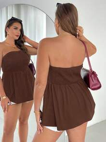 Shapeblank Plus Size Women's Solid Color Ruched Casual Versatile Daily Wear Tube Top - Coffee Brown - View 6