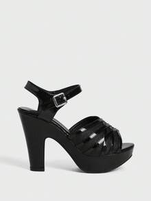 Sugerpunk Women's High-Heeled Round Toe Buckle Sandals - Black - View 1