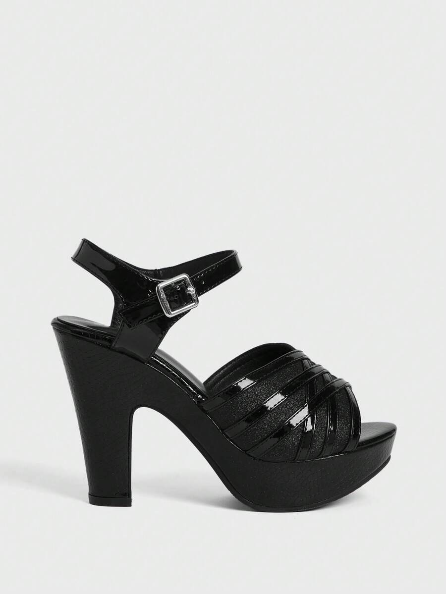Sugerpunk Women's High-Heeled Round Toe Buckle Sandals - Black - View 1