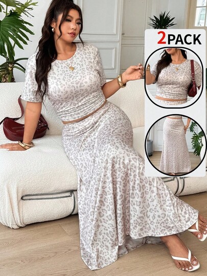 SHEIN EZwear Leopard Print T-Shirt And Skirt Casual Plus Size Women's Set